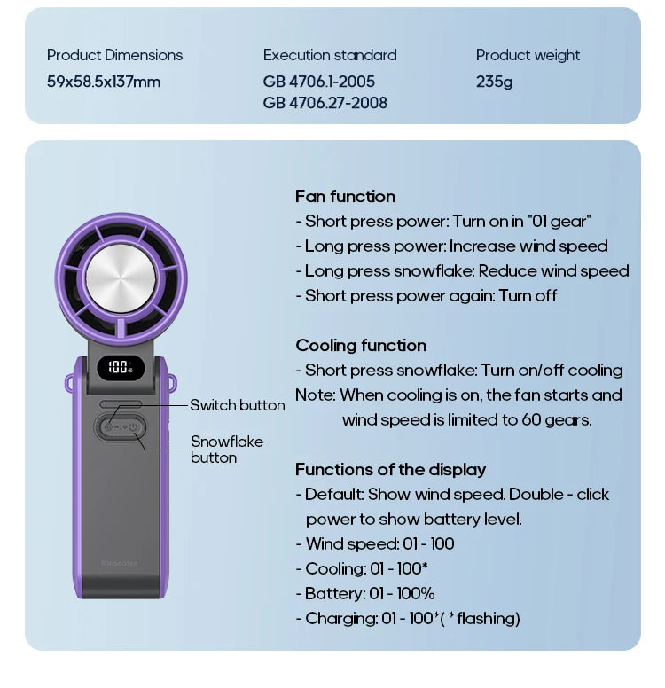 Portable High Speed Cooling Handheld Fan 3600mAh Rechargeable 100 Wind Speeds Adjustable Mini Foldable Air Cooling Turbo Fan